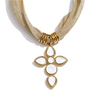 White Glass Cross Necklace | Sparkly Mesh Choker | Elegant Adjustable